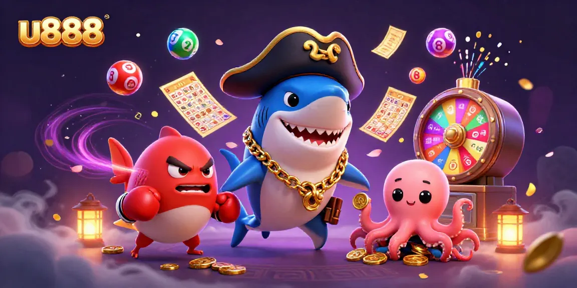 Experience the excitement of u888 with vibrant characters amidst colorful lottery elements and dynamic casino effects.