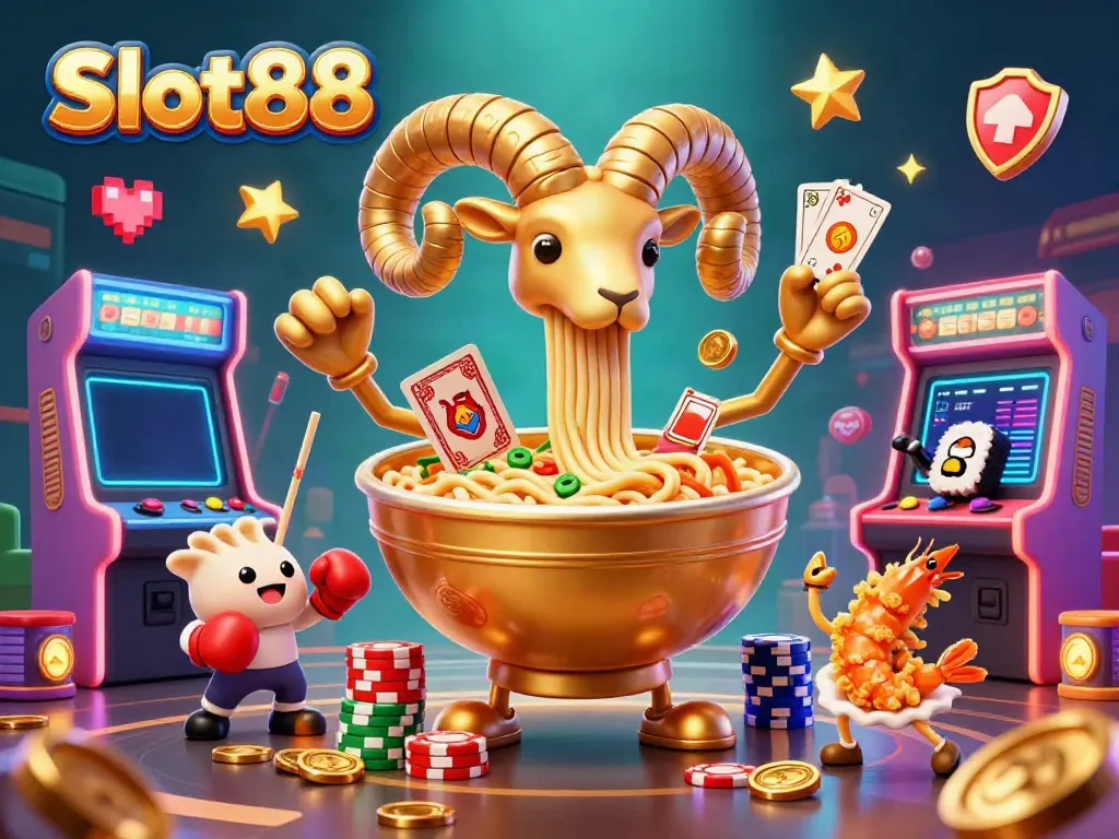 Engage in the excitement of Slot88 with a vibrant 3D casino illustration featuring dynamic characters.