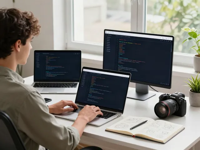 Focused user navigating brave浏览器 in a modern home office with dual monitors and natural light.