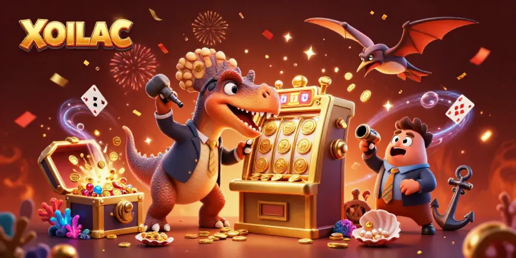 Experience the excitement of XOILAC with a cartoon dinosaur winning coins at a slot machine in a vibrant casino scene.