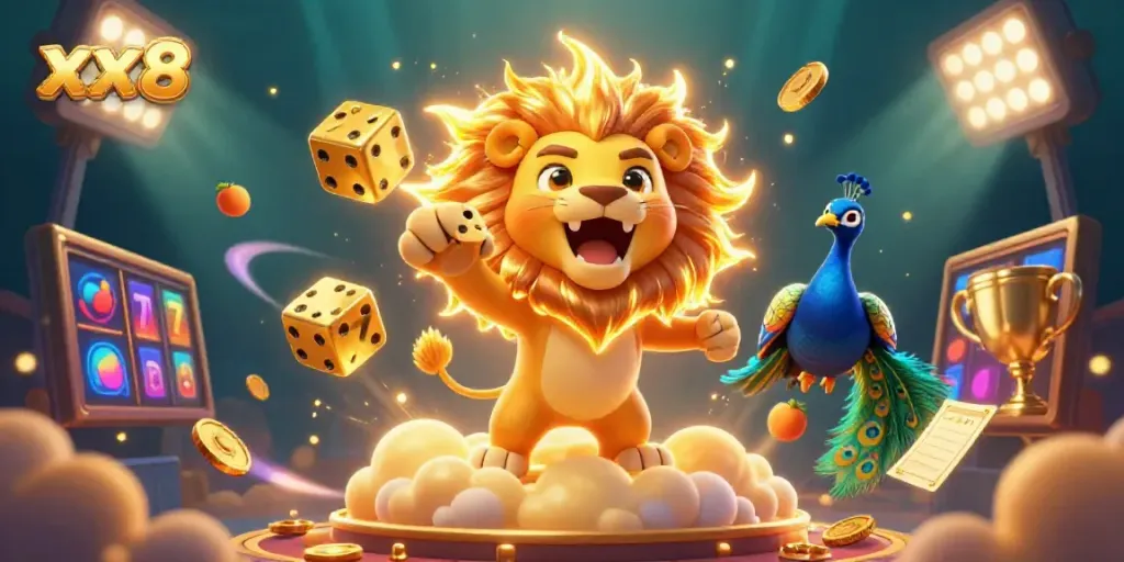 Experience the excitement of xx8 casino with a roaring lion and dynamic game elements.