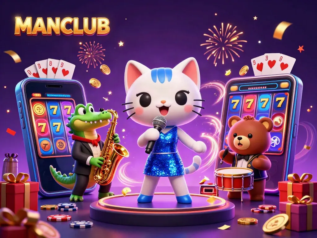 Experience the magic of MANCLUB as a jazzy cat sings, a crocodile plays sax, and a bear cub drums amidst slot games and festive gold.