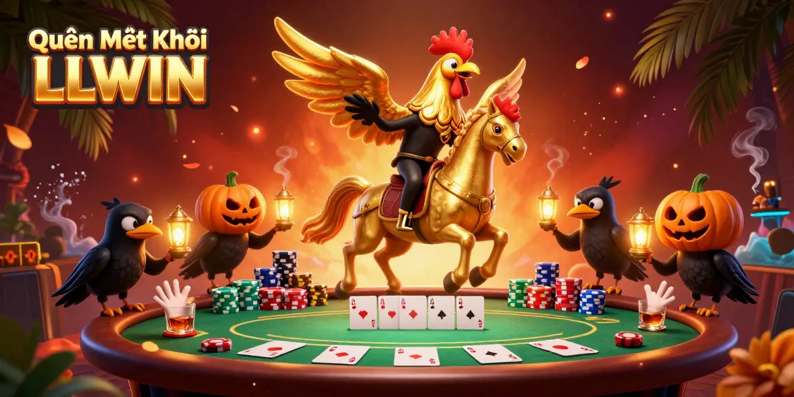 Experience the excitement of Quên Mật Khẩu LLWIN with a dynamic casino scene featuring a golden rooster and poker elements.