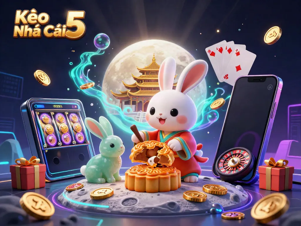 Engage with Kèo Nhà Cái 5's vibrant illustration showcasing casino elements dynamically emerging from mooncakes.