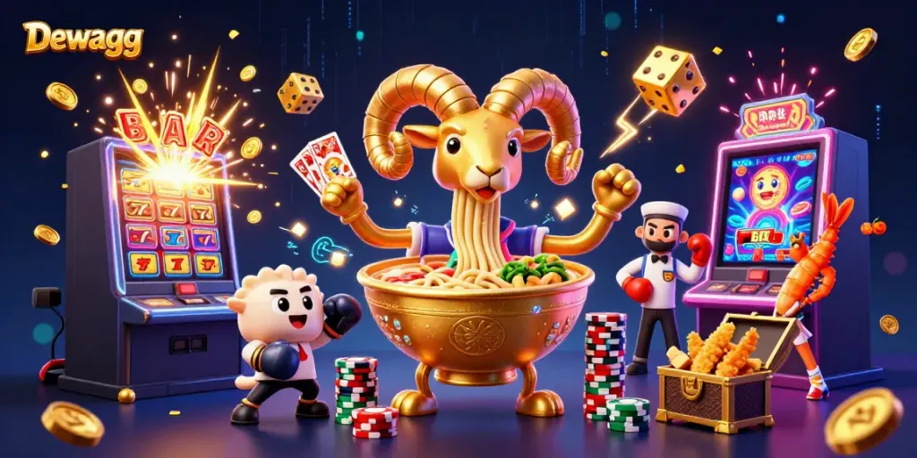 Join the excitement at Dewagg's casino with a vibrant 3D illustration of engaging game elements and characters.