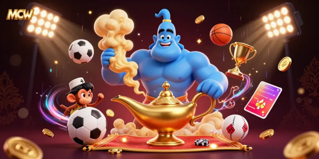 Experience thrilling gameplay with MCW's vibrant cartoon representation of a genie and monkey with sports elements.