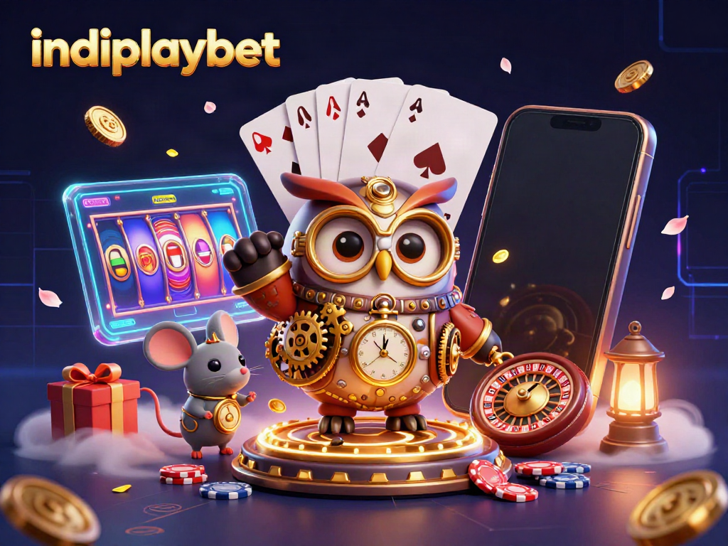 Indoplaybet menampilkan ilustrasi 3D karakter kasino bertema dengan burung hantu dan tikus, mendominasi permainan slot.