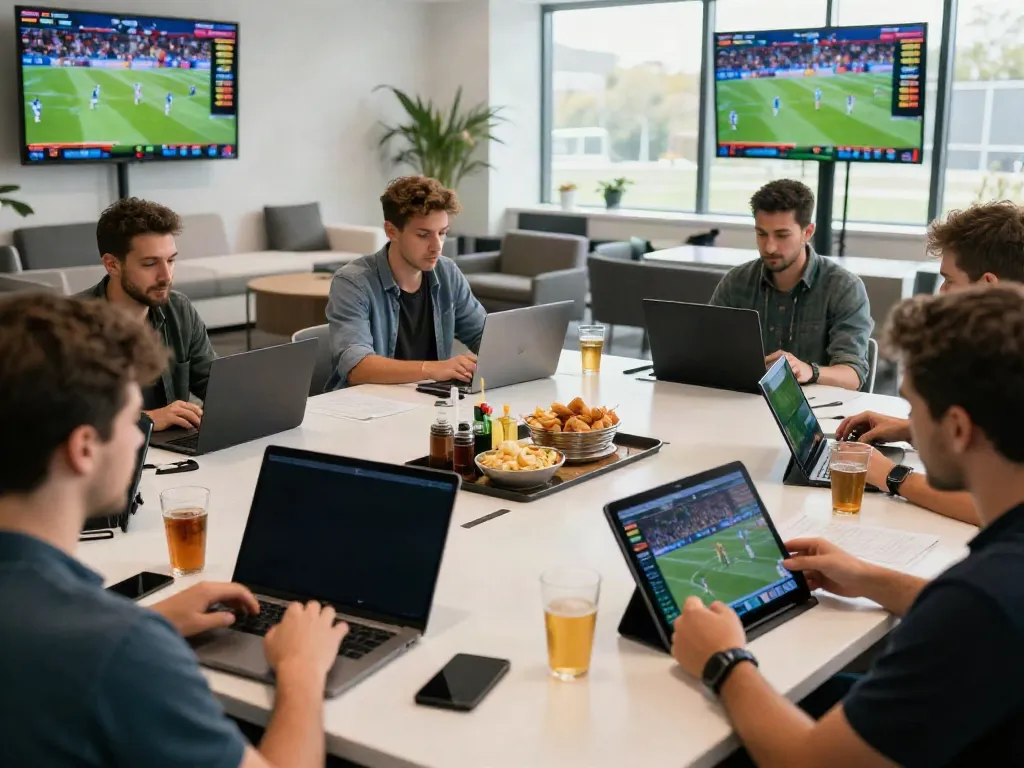 WWBOLA sports betting enthusiasts analyzing live football odds in a vibrant lounge.