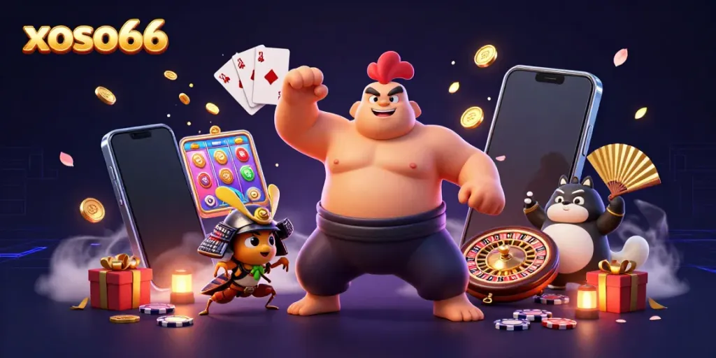 Engage with xoso66's thrilling gaming scene featuring a roaring sumo rooster, cricket warrior, and vibrant slot game.