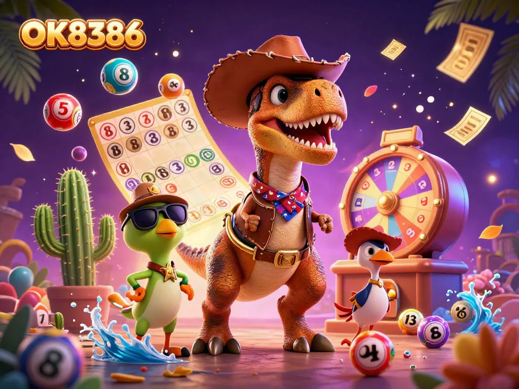 Engage with the thrilling OK8386 casino experience featuring a T-Rex cowboy and vibrant lottery elements.