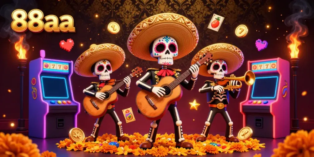 Experience vibrant slot gaming with 88aa's mariachis & colorful slot reels in a dynamic casino scene.