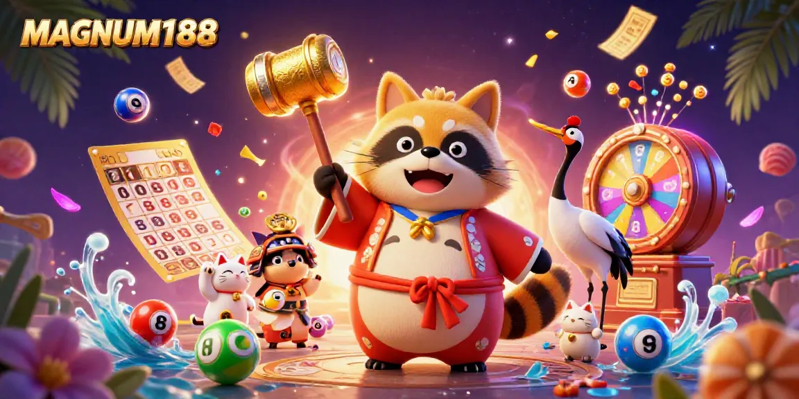 Playing exciting games on MAGNUM188 with colorful elements and fortune characters in a vibrant casino scene