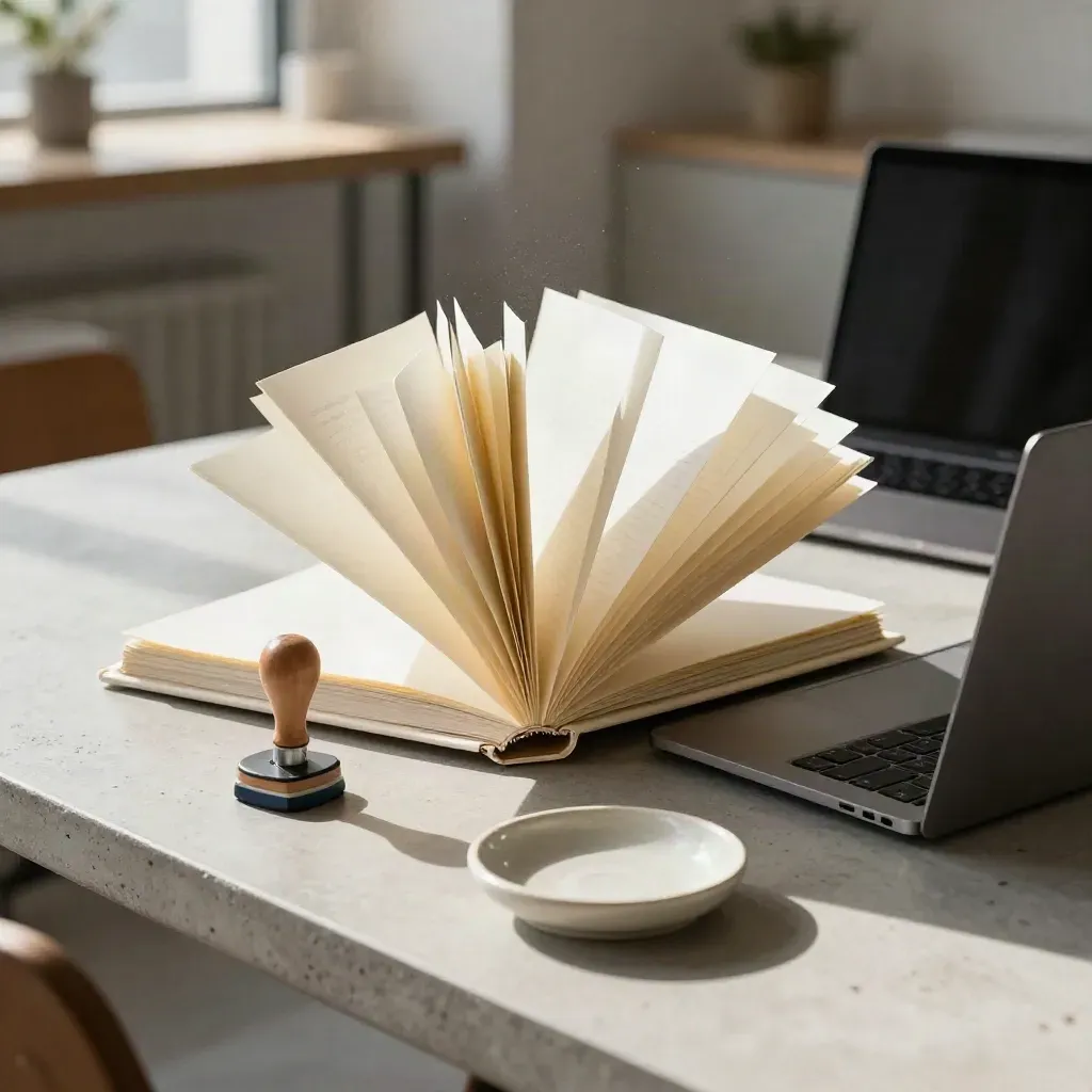 Startup formation binder, stamp, dish, and laptop on a sunlit concrete worktable