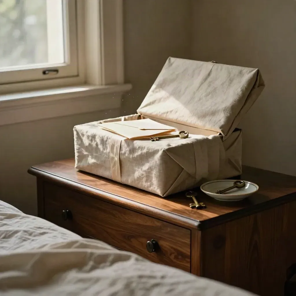 Estate box, ribbon-tied envelope, brass key, and dish on a walnut sideboard by a bedroom window.