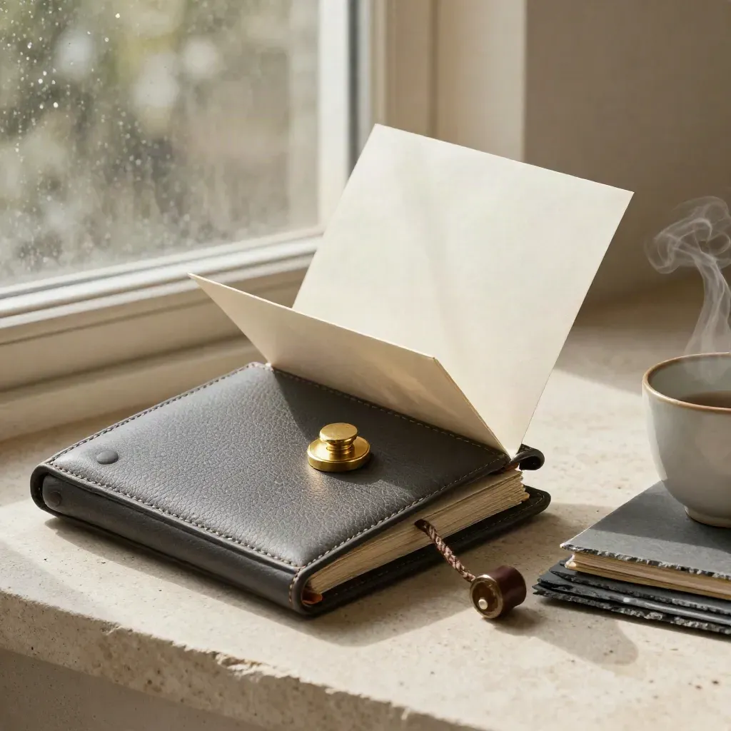 Legal folio, brass seal, waxed packet and case folders in warm morning light.