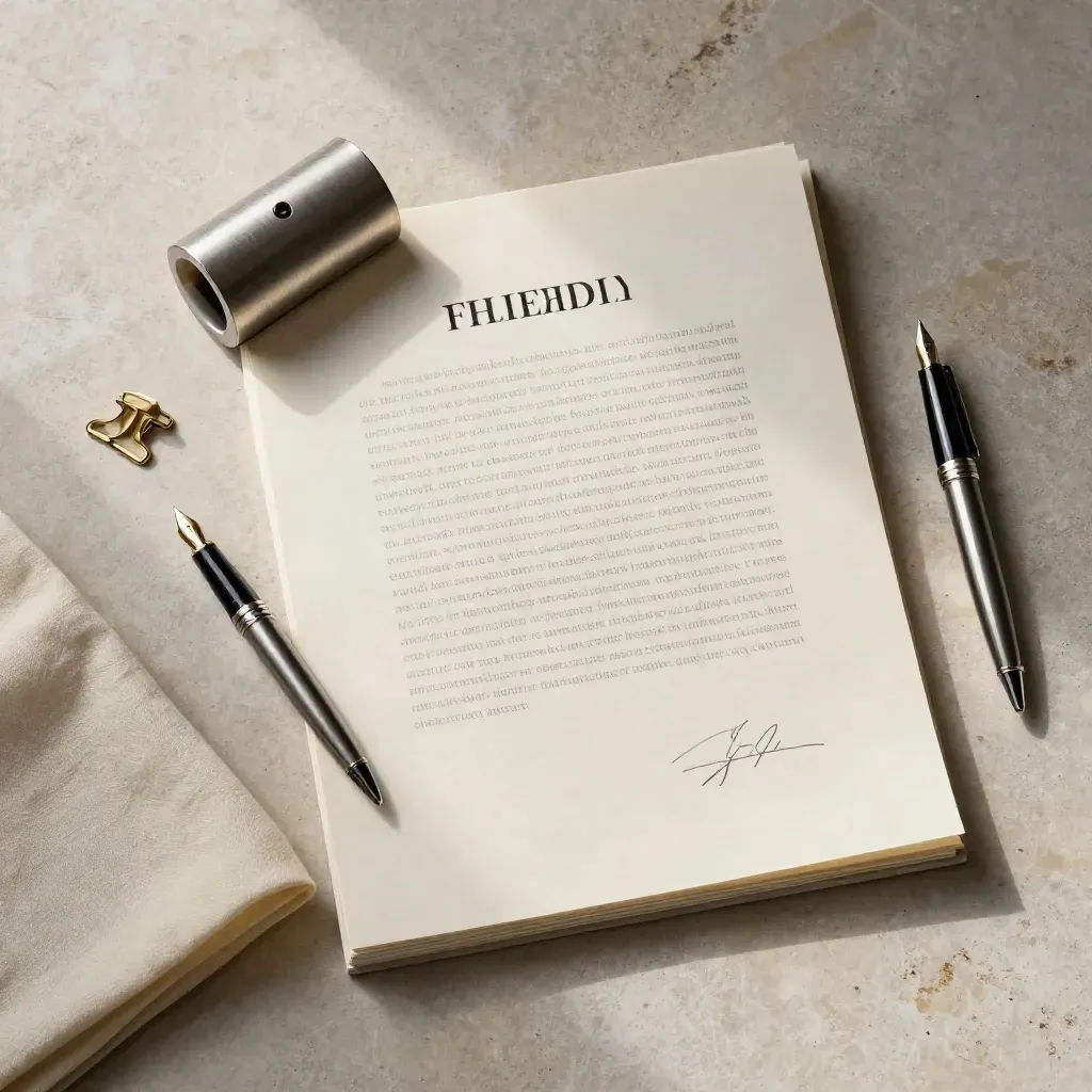 Legal contract packets and paperweight on pale stone with soft daylight.