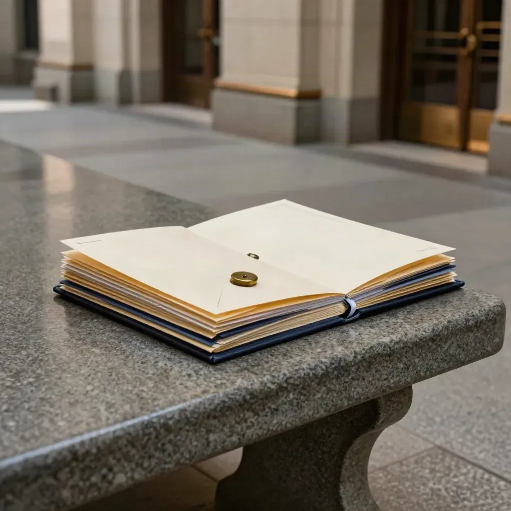 Courthouse bench with open case folder, envelopes, and brass weight in a quiet stone corridor