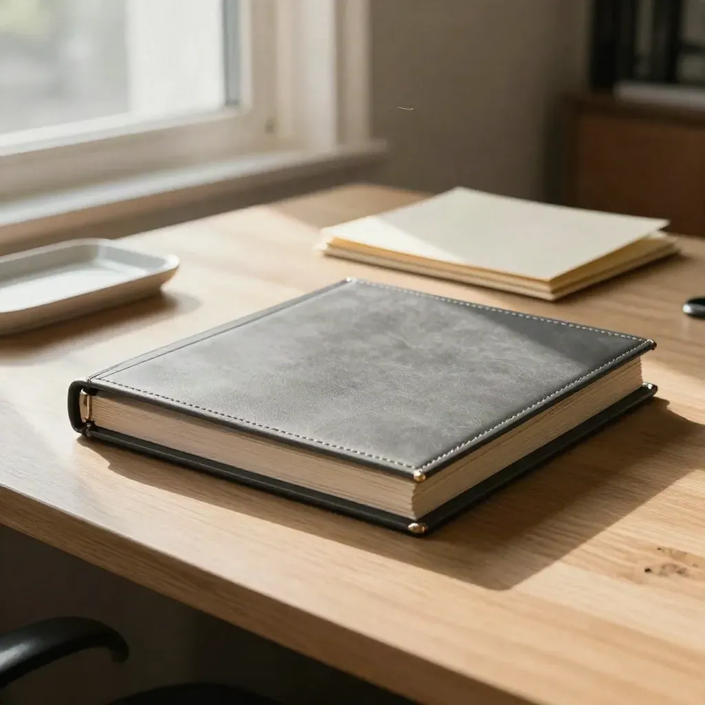 Compliance binder and policy folders on a pale wood counter by a sheer-curtained window.