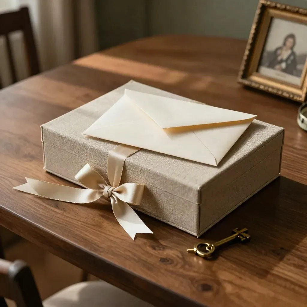 Walnut estate-planning set with linen box, sealed envelope, ribbon and brass key in warm evening light.