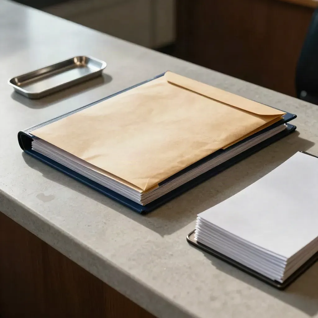 Courthouse filing bundle on pale stone with navy folder, envelope, tray, and slips under cool raking light