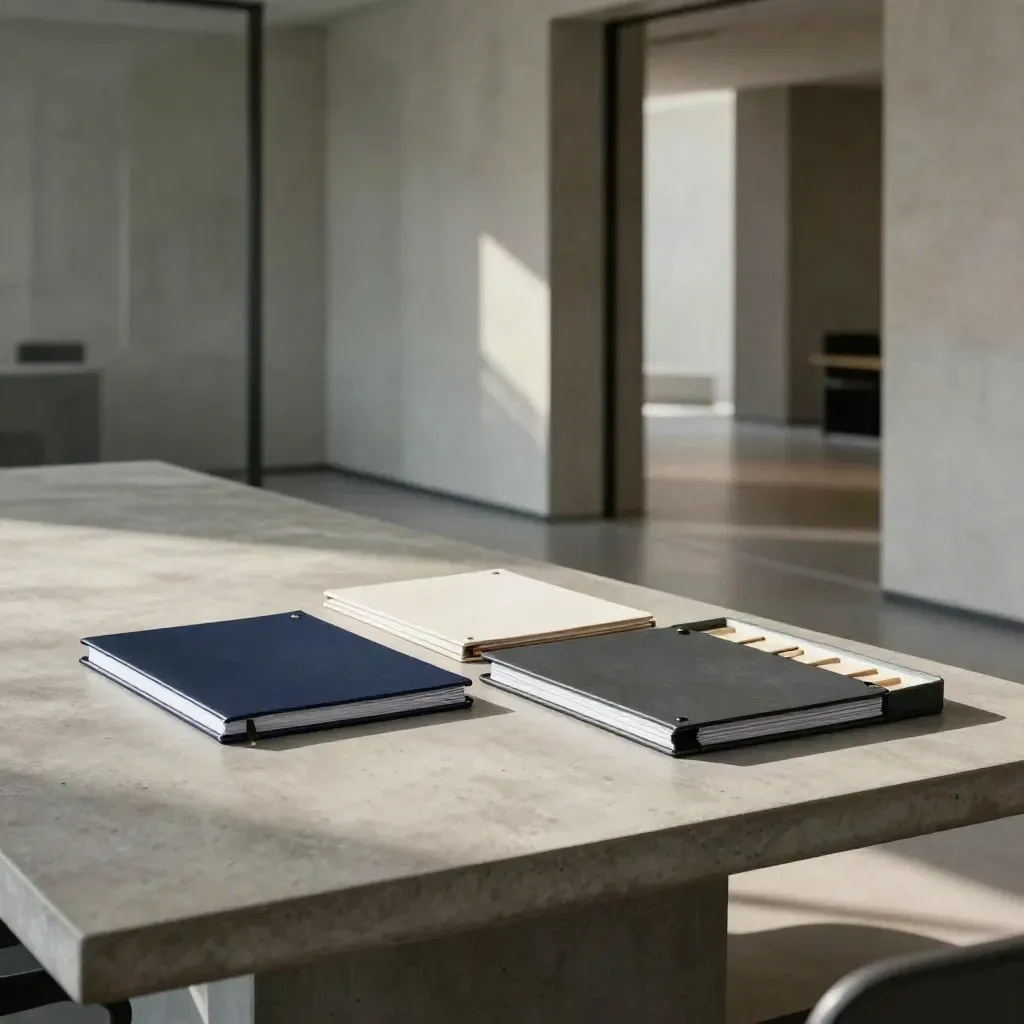 Navy startup legal kit on a pale concrete conference table in a moody modern office.