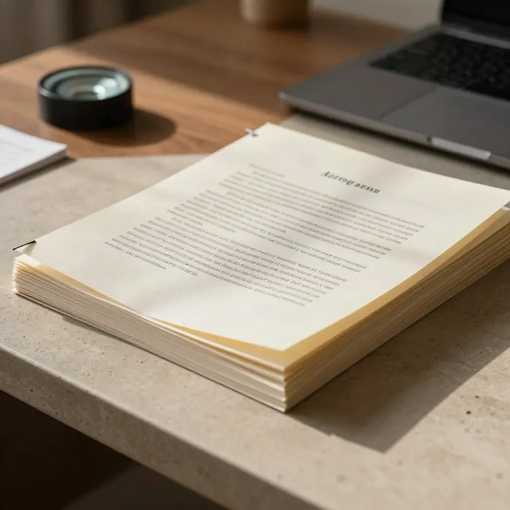 Marked-up agreement packet beside a closed laptop on a pale desk, ready for another review.