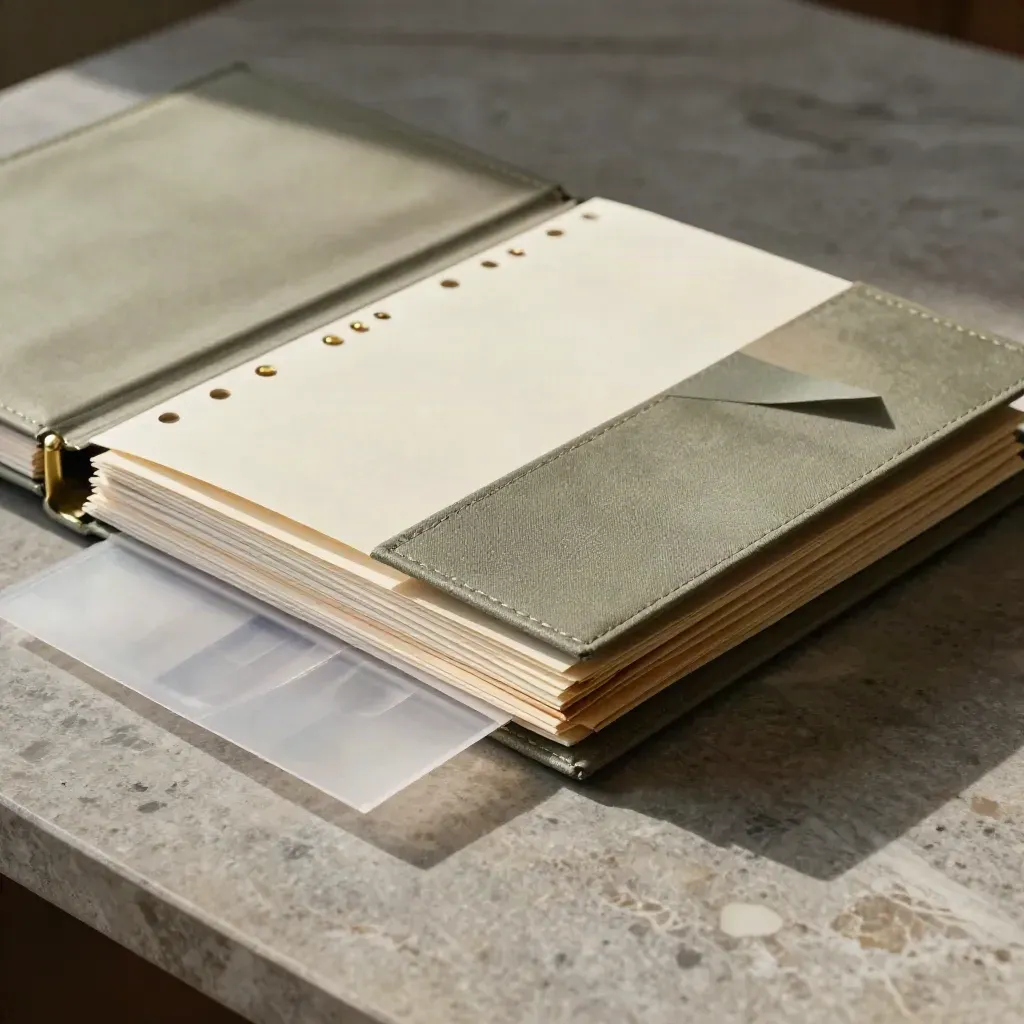 Open civil case file with tab dividers and envelopes on stone, lit by late-afternoon light.