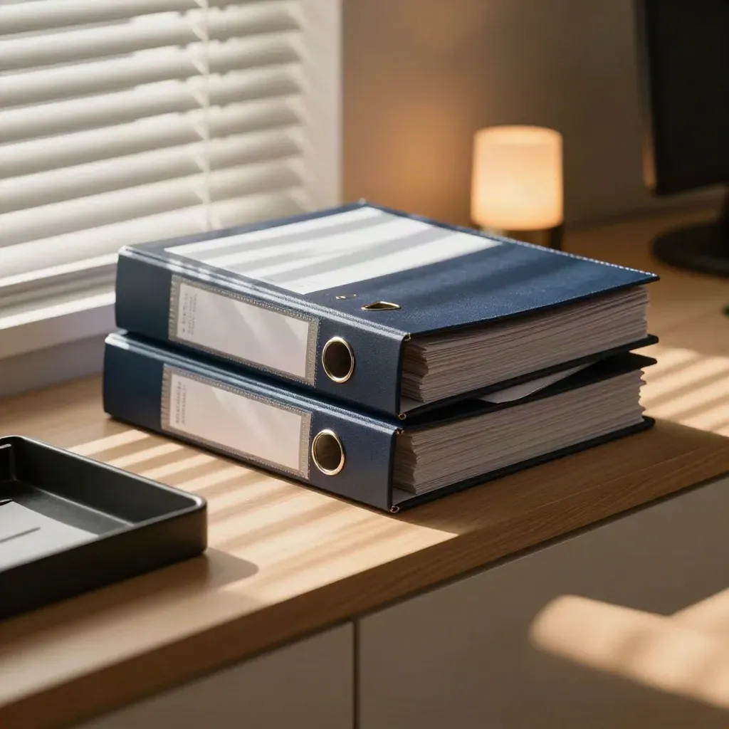 Compliance binder, receipt tray, and policy folders on a pale wood counter in warm window light.