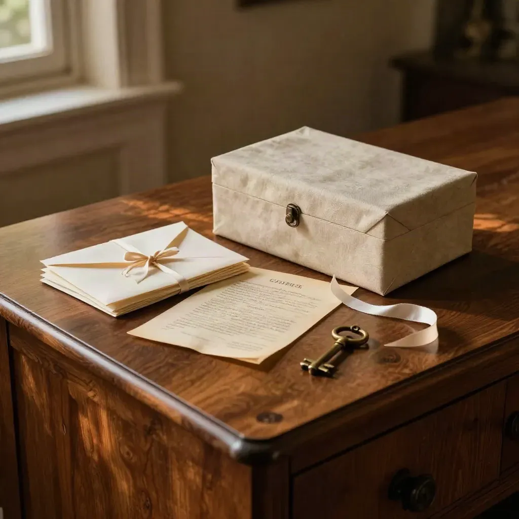 Estate documents in a linen box with ribbon-tied envelopes and a brass key on walnut