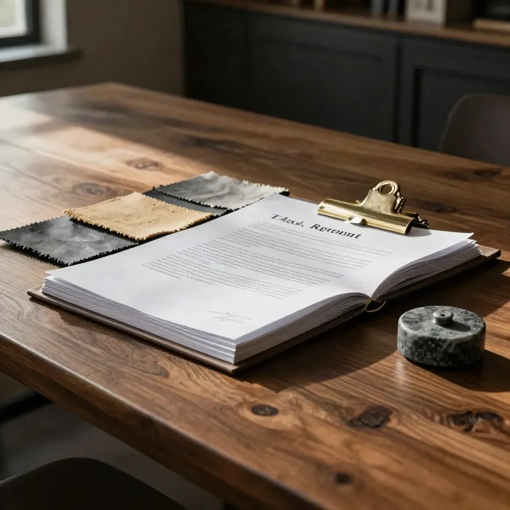 Charcoal folio, fabric swatches, brass clip and stone weight on a walnut conference table.