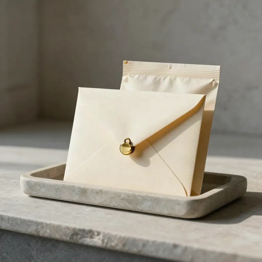 Sealed legal packet with brass clip in a stone tray, lit by soft daylight.