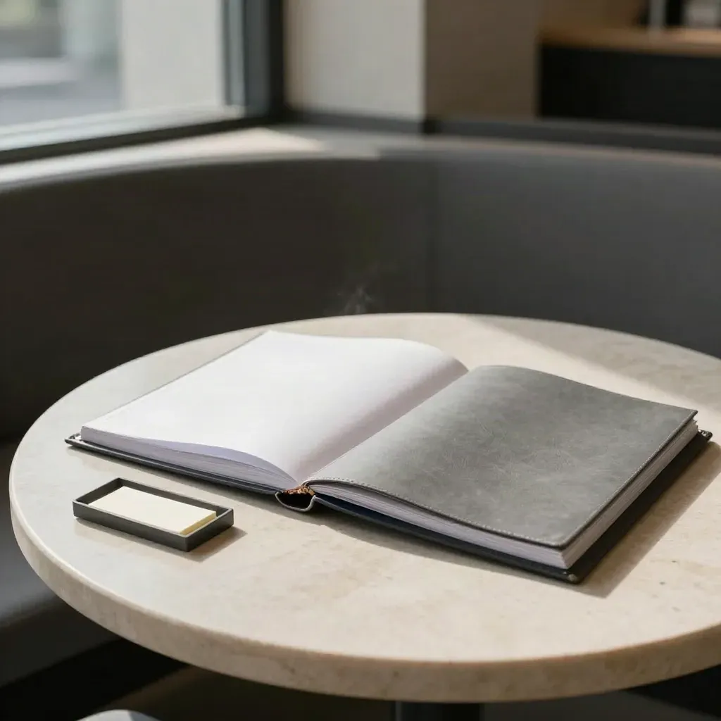 Open counsel binder, folders, and note tray on a round stone table in a quiet legal nook.