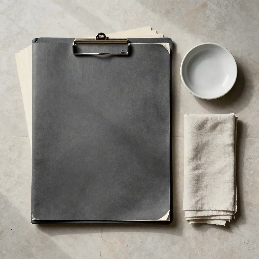 Charcoal legal folio with linen cloths on pale stone, lit softly from above.