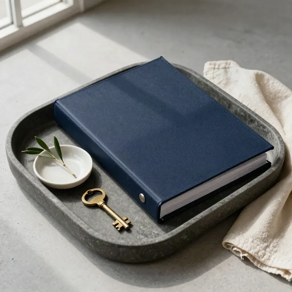 Navy legal formation binder in a stone tray with key, dish, and olive sprig.