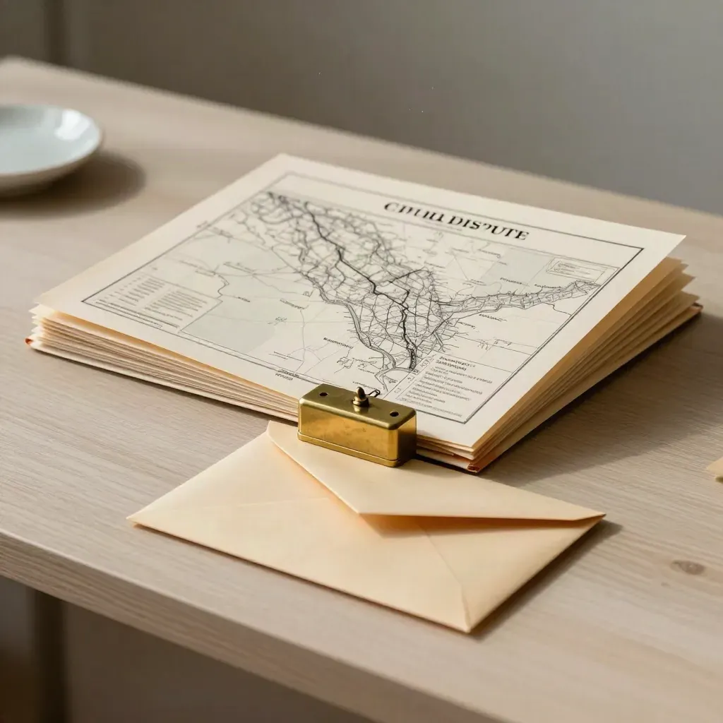Manila dispute file, brass paperweight, and split envelope on a pale wood desk.
