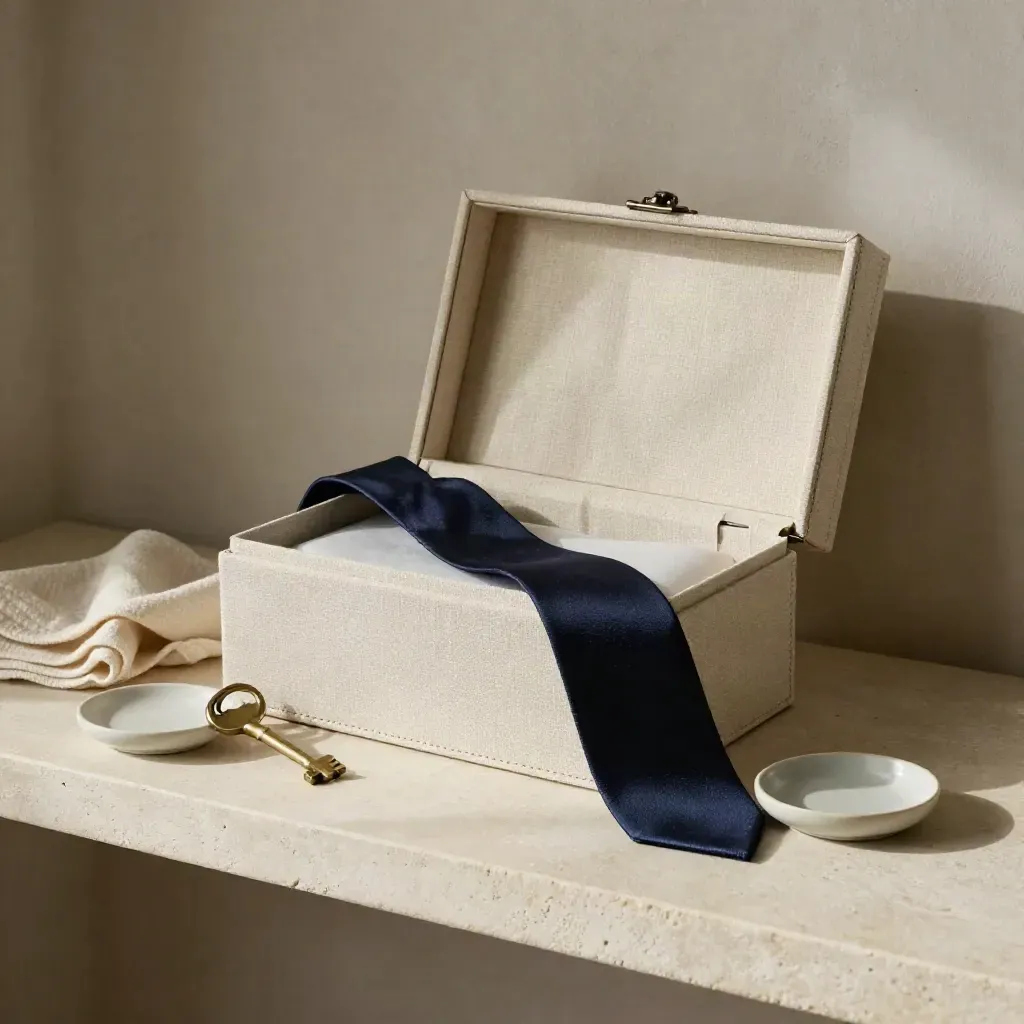 Open linen estate box, brass key, ribbon tie and ceramic dish on an ivory stone shelf.