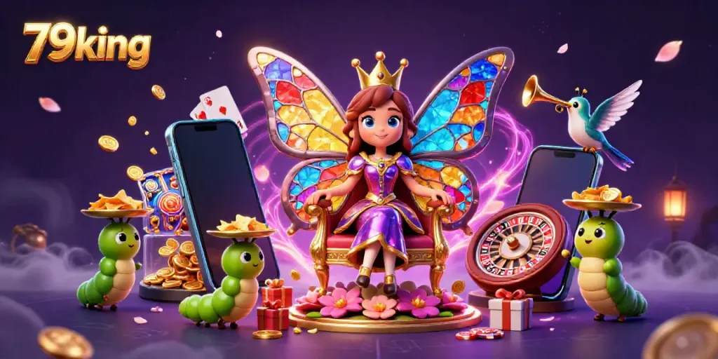 Engage with 79king's vibrant online casino experience featuring a butterfly queen and festive gaming elements.