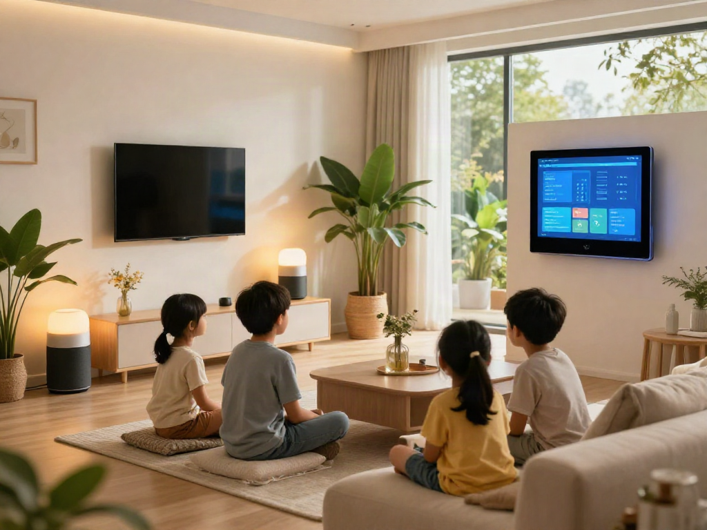 Home setting with smart audio system control and family enjoyment, highlighting خانه هوشمند جهان اسمارت.