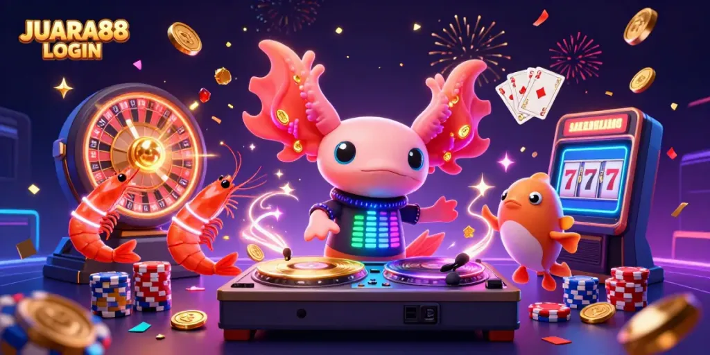 Experience JUARA88 LOGIN with a vibrant, lively scene showcasing a neon axolotl DJ spinning, surrounded by casino elements.