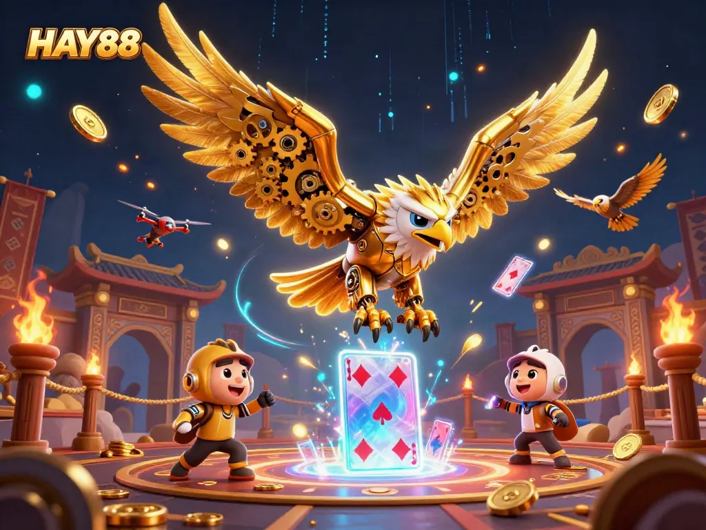 Experience thrilling gameplay with HAY88, featuring cybernetic eagle diving through holographic cards.