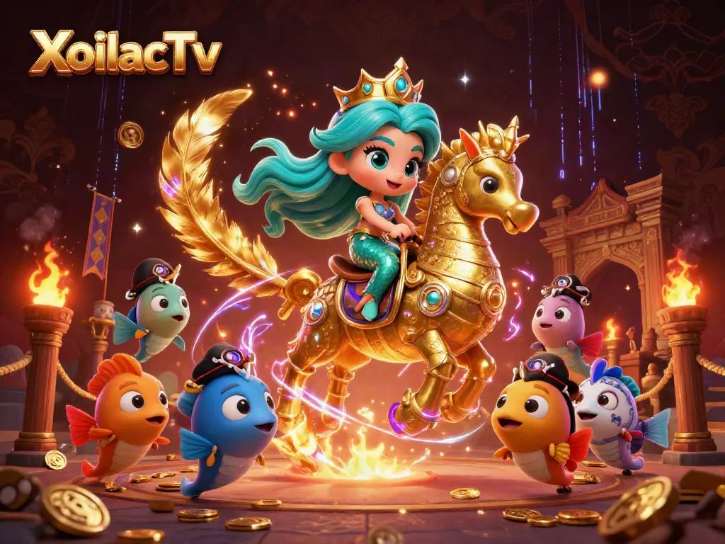 XoilacTv 3D illustration showcasing a mermaid princess and seahorse in a vibrant casino theme with gambling elements.