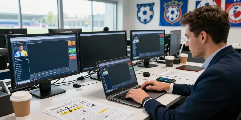Football transfer news reporter with laptop and stats updates.