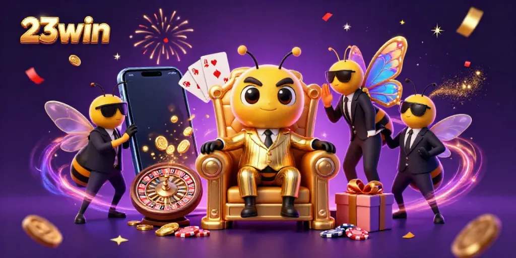 Experience thrilling gaming with 23win, featuring a dynamic casino scene of a bumblebee boss, bodyguards, and magical elements.