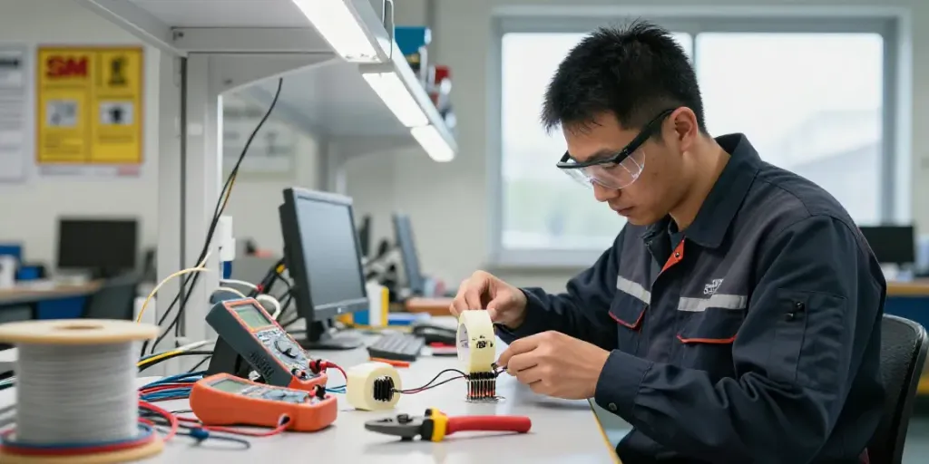 Technician using 3M Super33 Daftar electrical tape in a bustling industrial workspace, highlighting precision and craftsmanship.