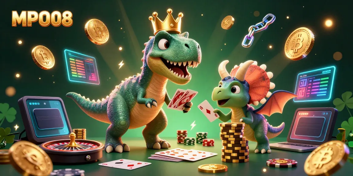 MPO08 features a fun casino scene with a T-Rex dealing cards and a friendly triceratops stacking chips.