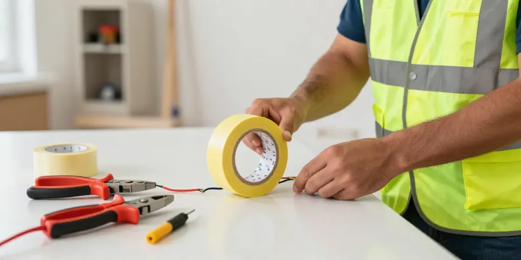 Electrician using Super33 Daftar tape on wiring in a home renovation.