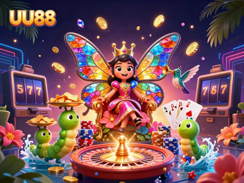 Experience the excitement of UU88 with a vibrant 3D illustration of casino elements.