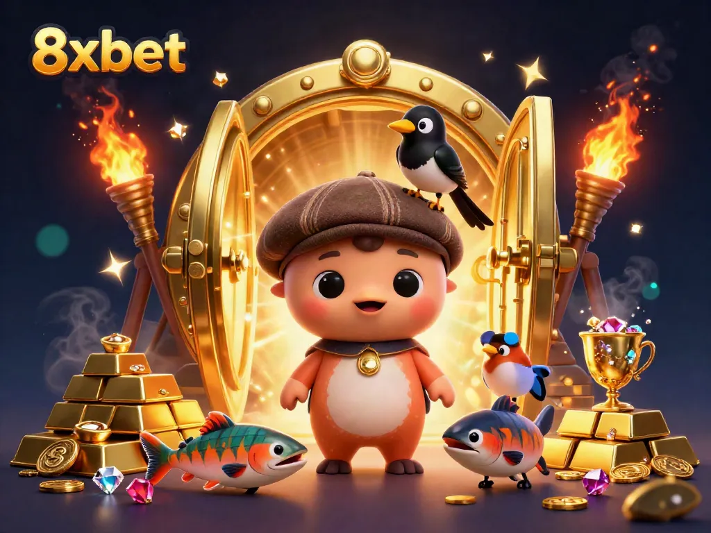 Experience thrilling gaming with 8xbet's vibrant 3D illustration, featuring joyful characters and dazzling treasures.
