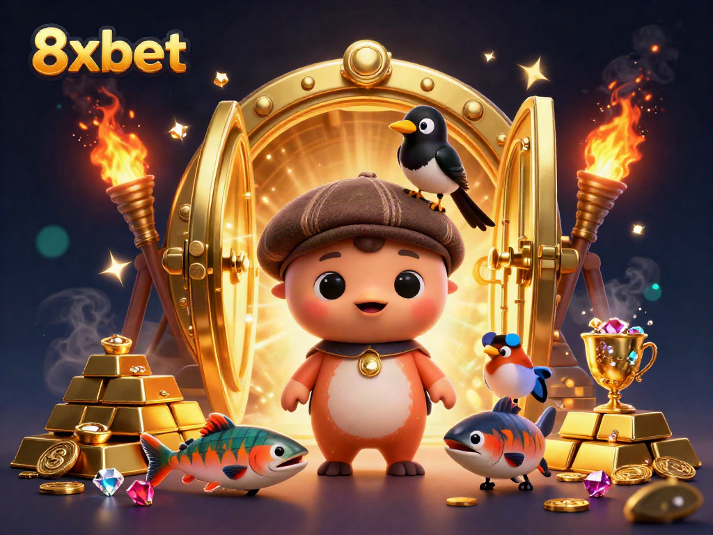 Experience thrilling gaming with 8xbet's vibrant 3D illustration, featuring joyful characters and dazzling treasures.
