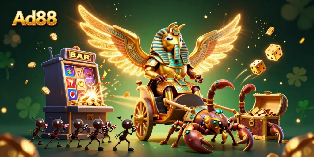 Ad88 illustrates an exciting casino experience with golden elements and dynamic gaming action.